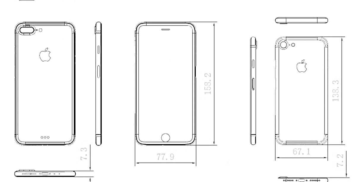 Чертёж iPhone 7 с различными видами и размерами