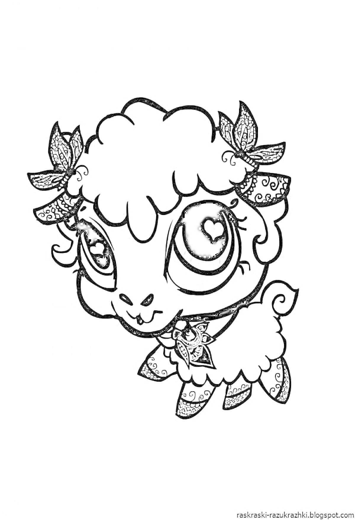 Раскраска Милая овечка с большими глазами и бантиками в шерсти