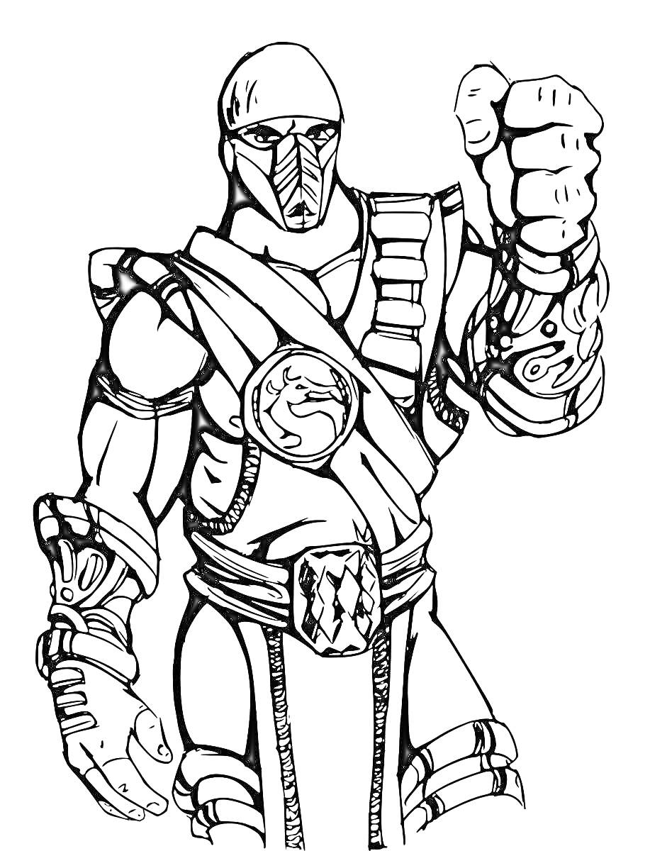 Раскраска Боец из Mortal Kombat в боевой стойке с поднятым кулаком, в маске и доспехах