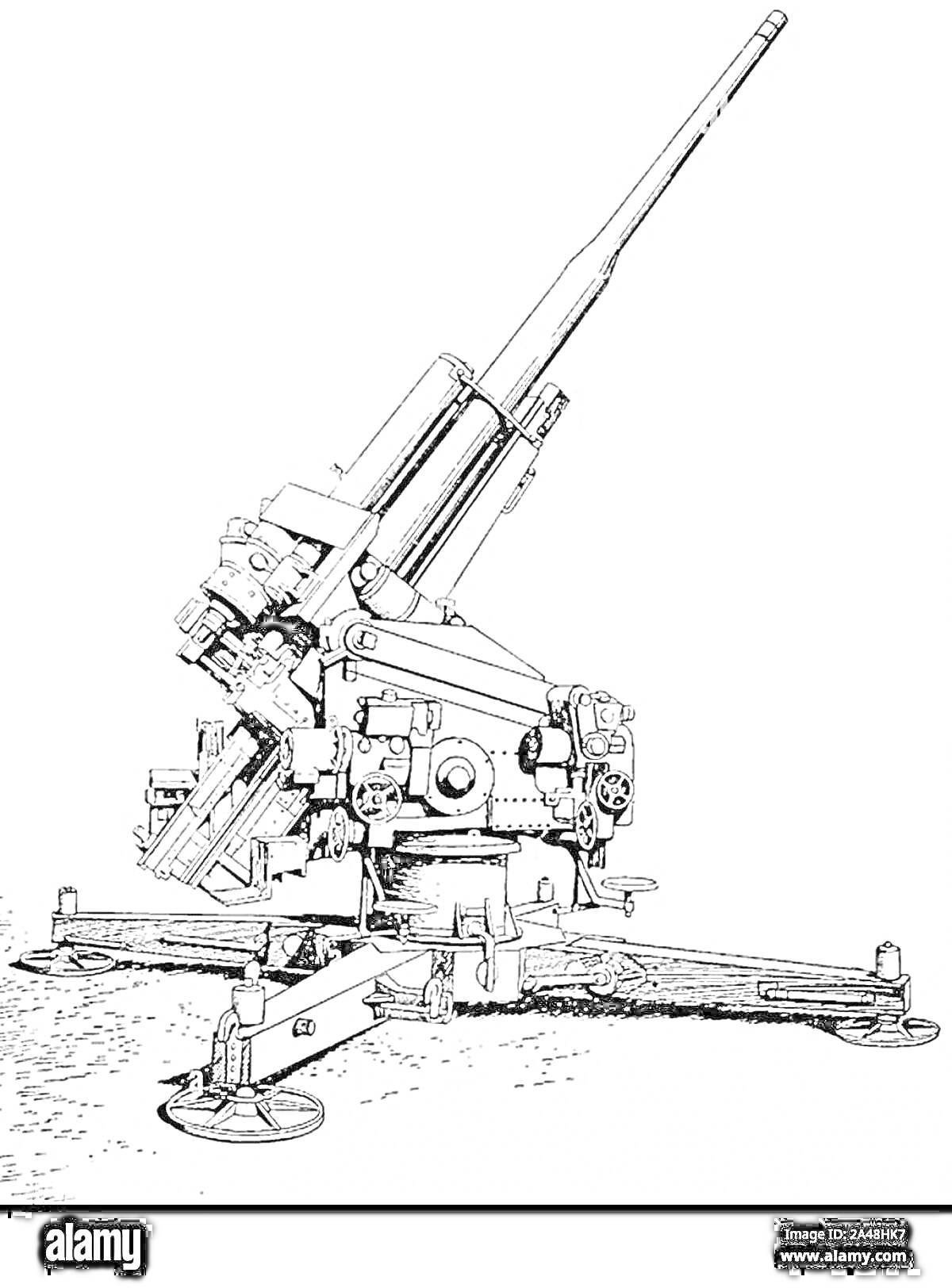 Раскраска Зенитное артиллерийское орудие с длинным стволом, установленное на многоножный треножный лафет