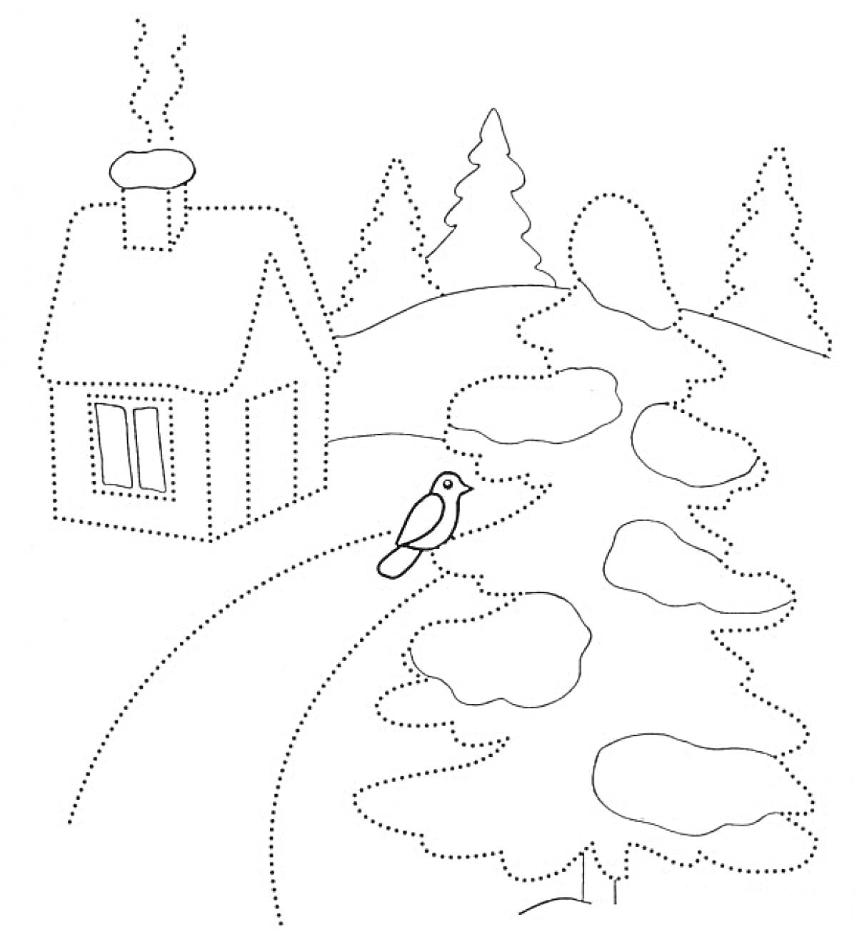 Раскраска Домик, дерево, птица и снеговик на фоне зимнего пейзажа