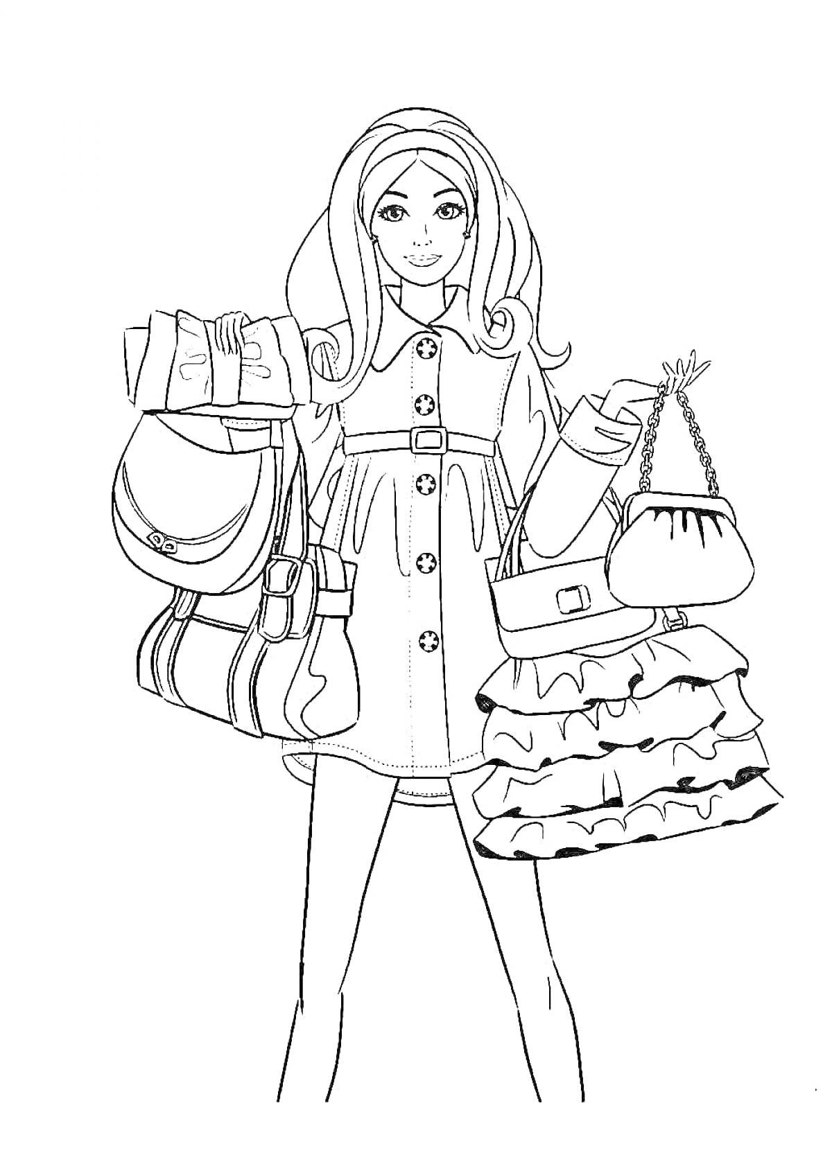 Раскраска Девушка с распущенными волосами в модной одежде, держащая две сумки и юбку с рюшами