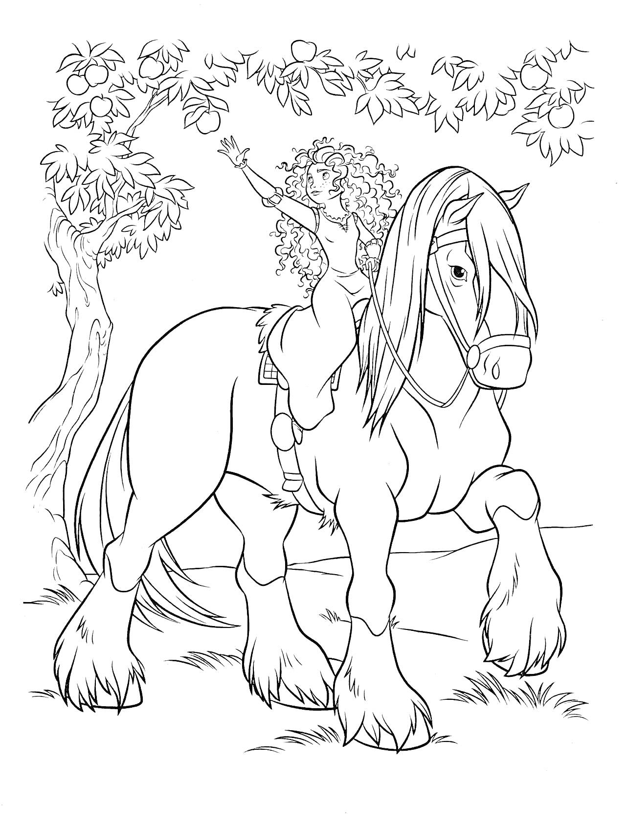 Раскраска Девушка с кудрявыми волосами на крупной лошади под деревом с ветвями