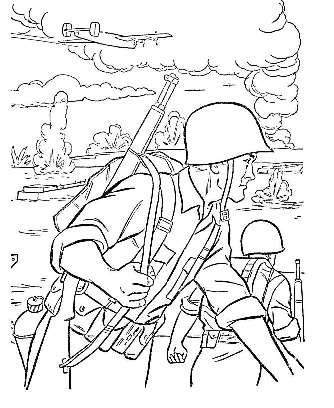 Раскраска Солдаты в бою на фоне самолетов и взрывов