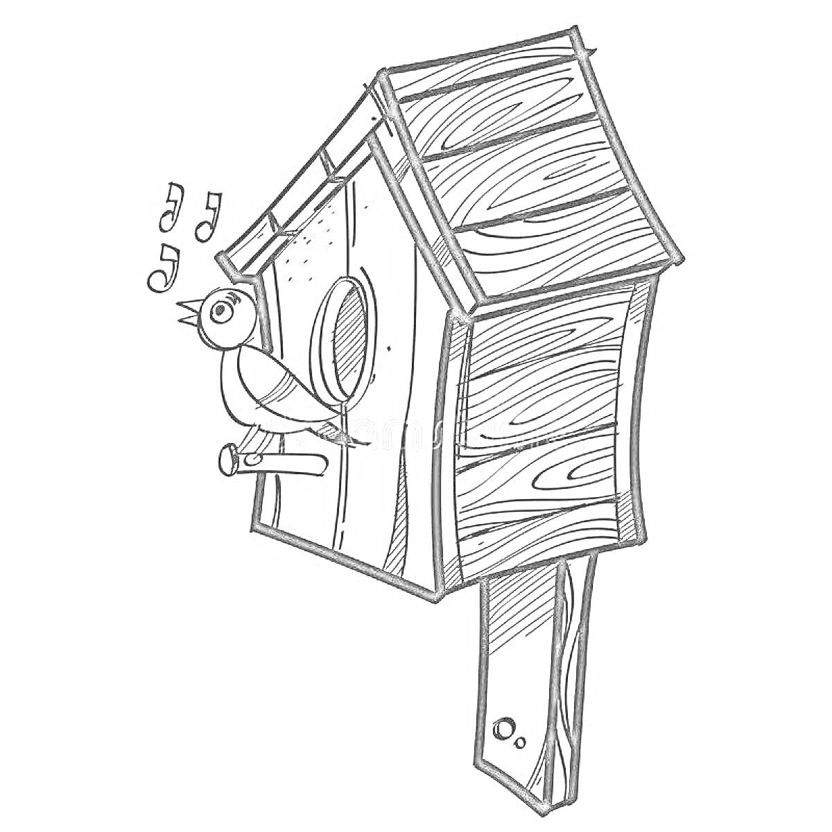 На раскраске изображено: Скворечник, Птица, Песня, Крыша, Ноты