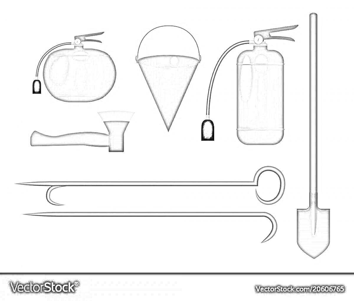 пожарный щит с багром, ведром-коником, огнетушителем, лопатой, носилками, пожарным топором, пожарным стволом, багром