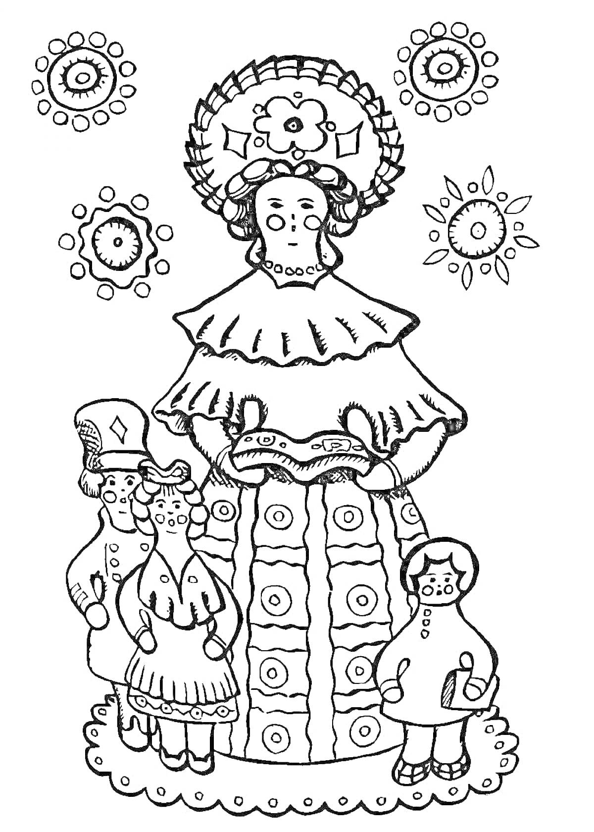 На раскраске изображено: Дымковская игрушка, Кокошник, Цветы, Традиционные костюмы, Народное искусство, Культура