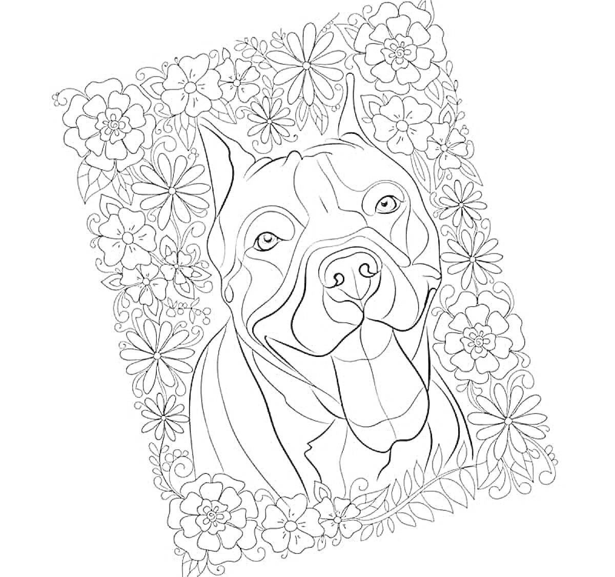 На раскраске изображено: Собака, Цветы, Антистресс, Природа, Узоры
