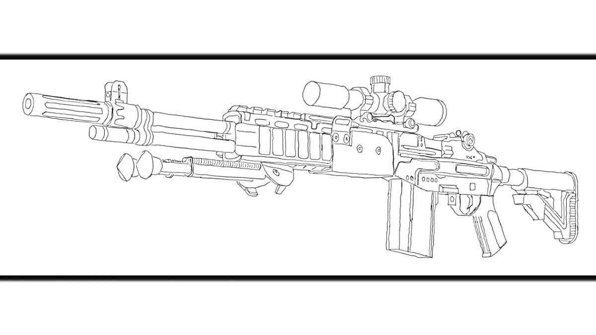 Раскраска Винтовка с прицелом, магазином и рукояткой