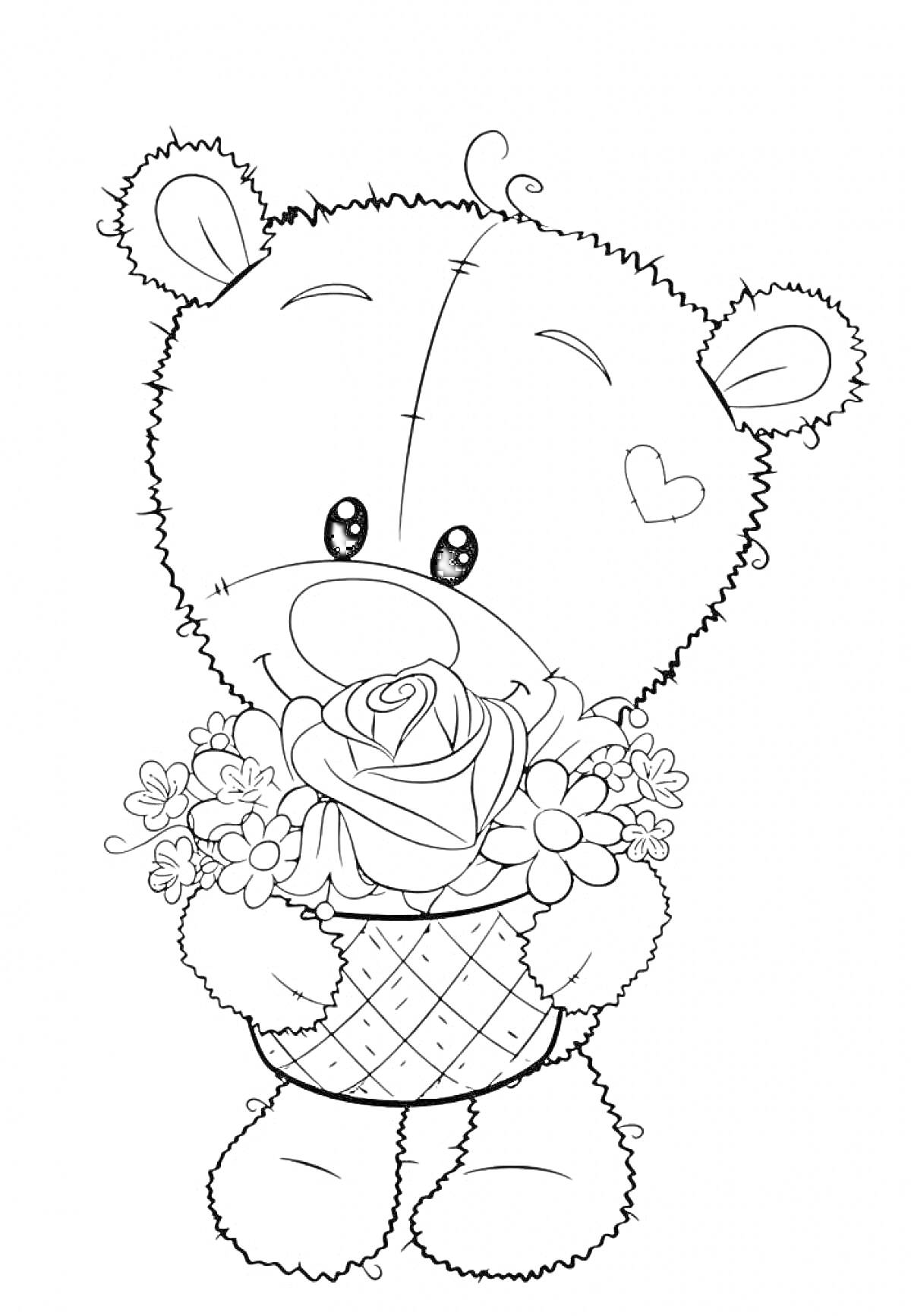 На раскраске изображено: Мишка Тедди, Цветы, Корзина, Подарки, Для детей, Зима, Медведь