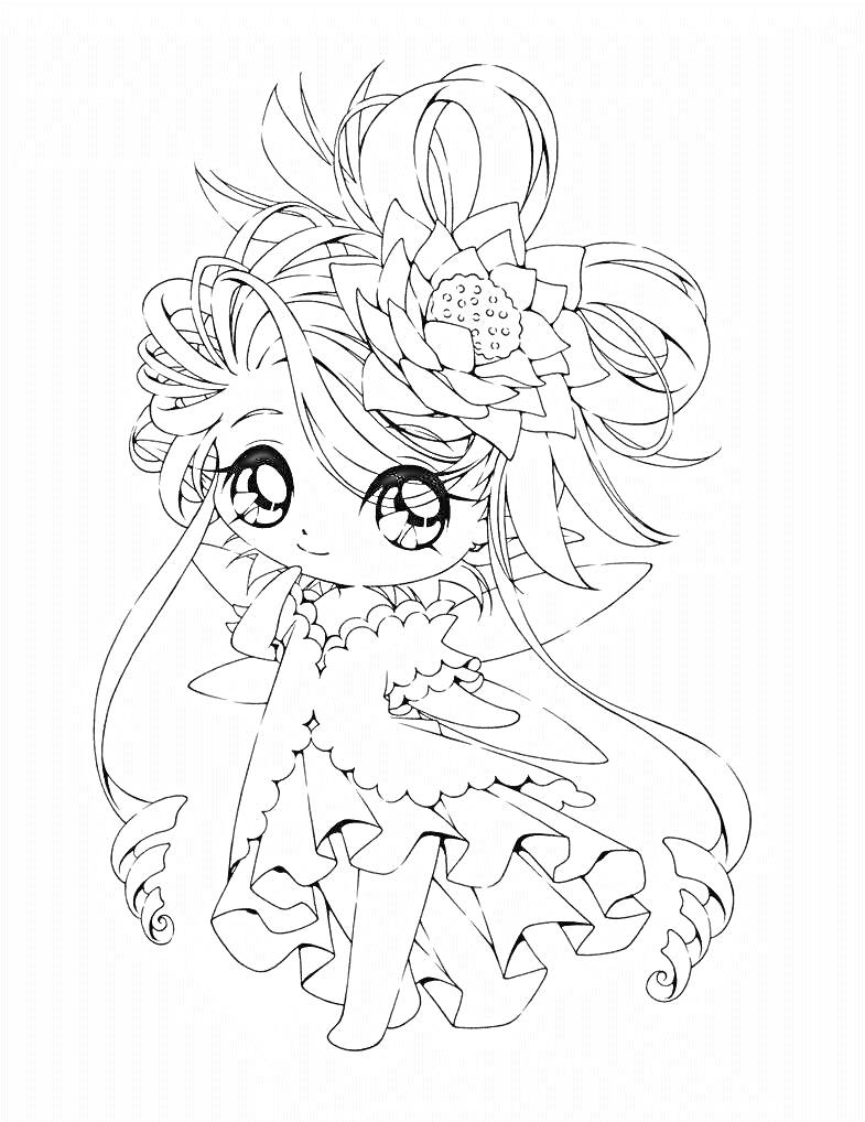 Девочка-аниме с большими глазами, пышными волосами, цветком в волосах, в платье и с крылышками