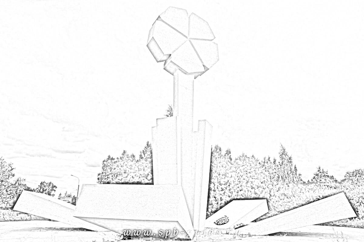 На раскраске изображено: Мемориал, Цветок Жизни, Абстрактное искусство, Скульптура, Архитектура, Деревья, Небо