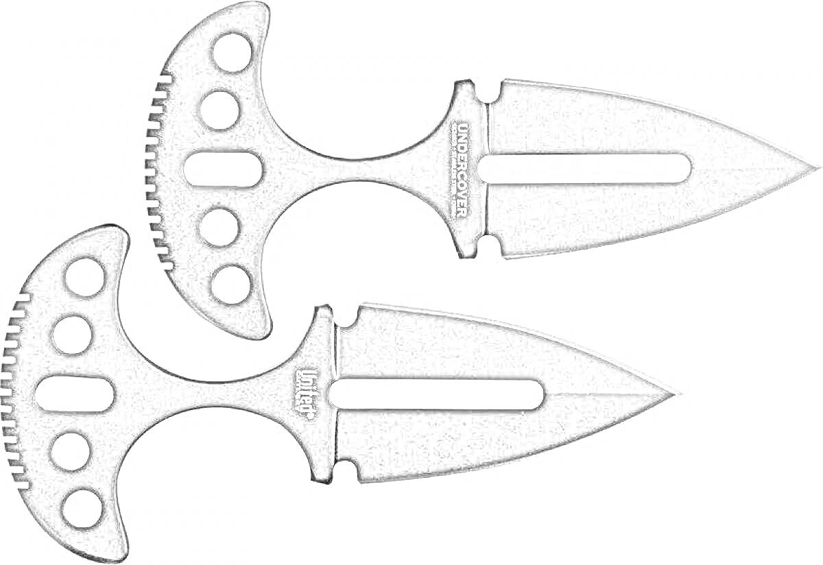 Раскраска Два черных тычковых ножа с прорезями на клинках и отверстиями на рукоятках