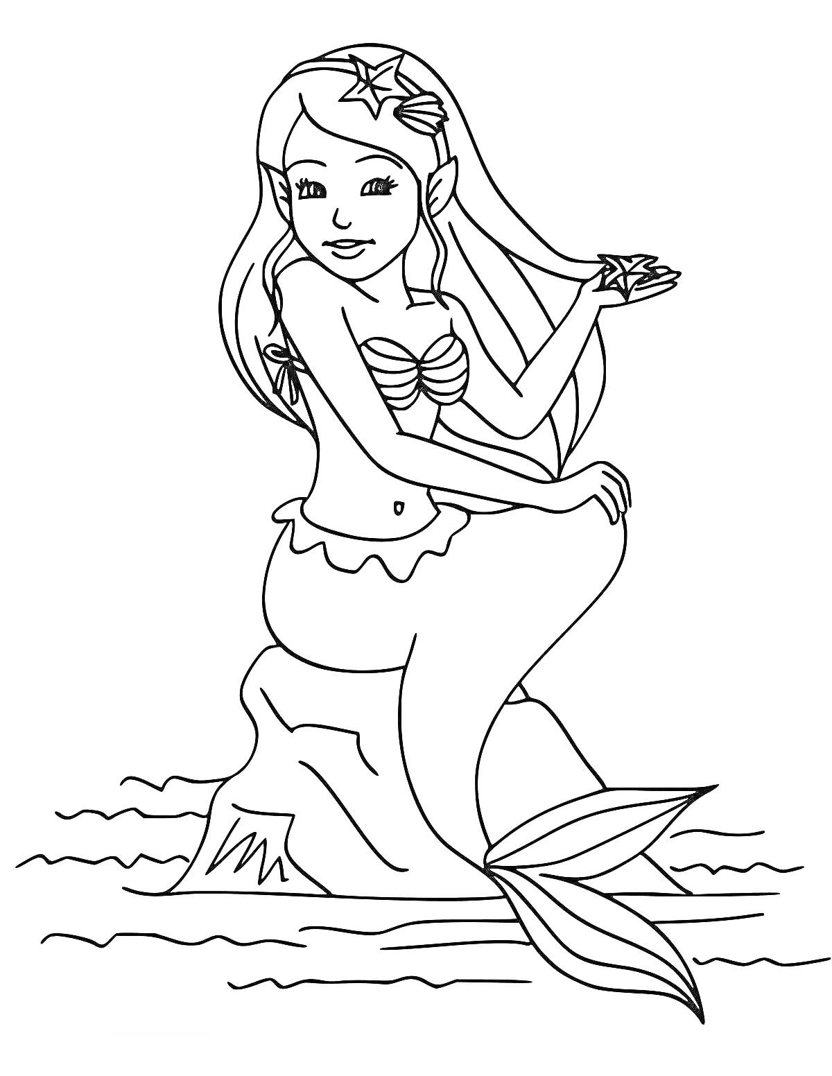 Раскраска Русалка с длинными волосами, сидящая на камне, с морской звездой в руках, в водоеме с волнами