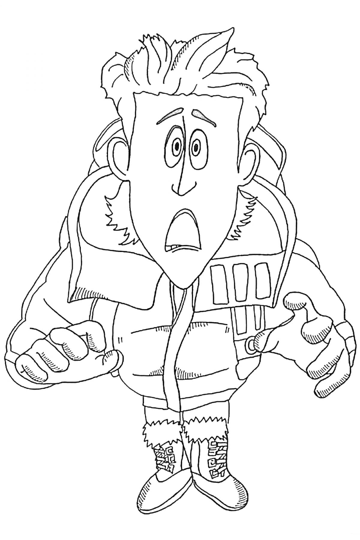 Раскраска Мужчина в зимней одежде с перепуганным выражением лица