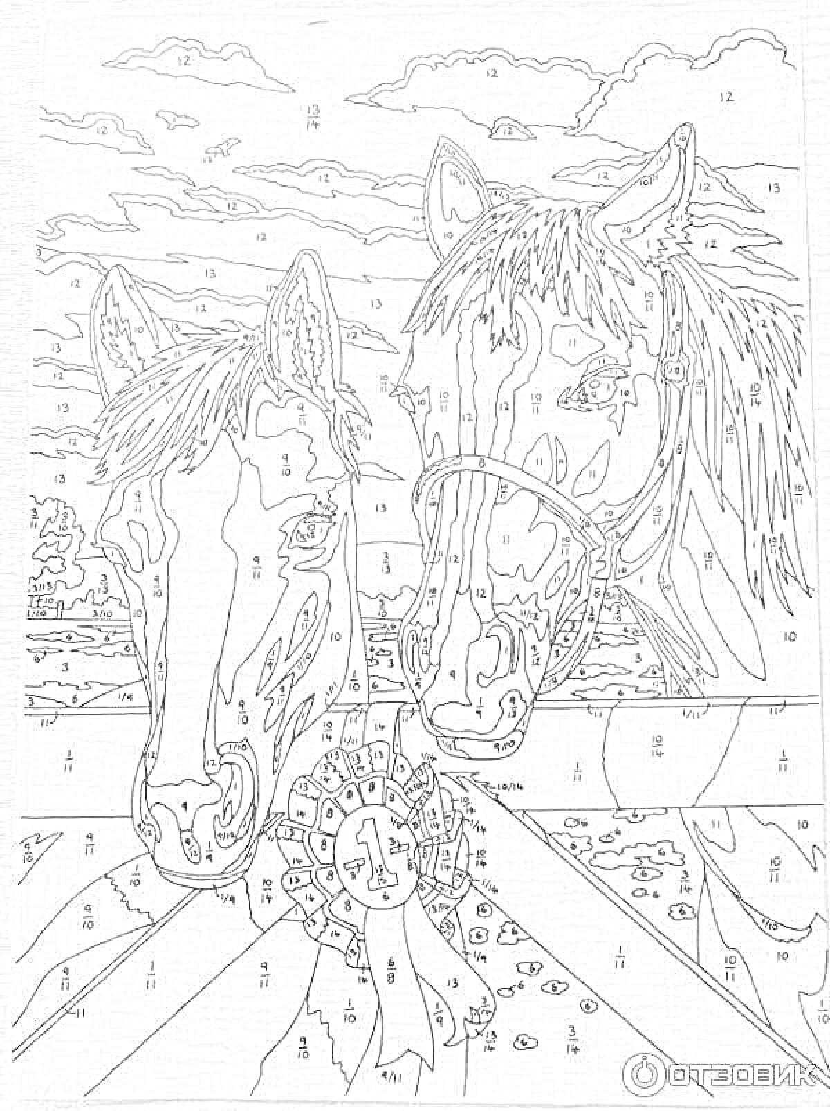 Лошади на фоне природы с цветком. Набор раскраски по номерам - два коня с гривами и поводьями на сельском фоне с облаками и горизонтом.