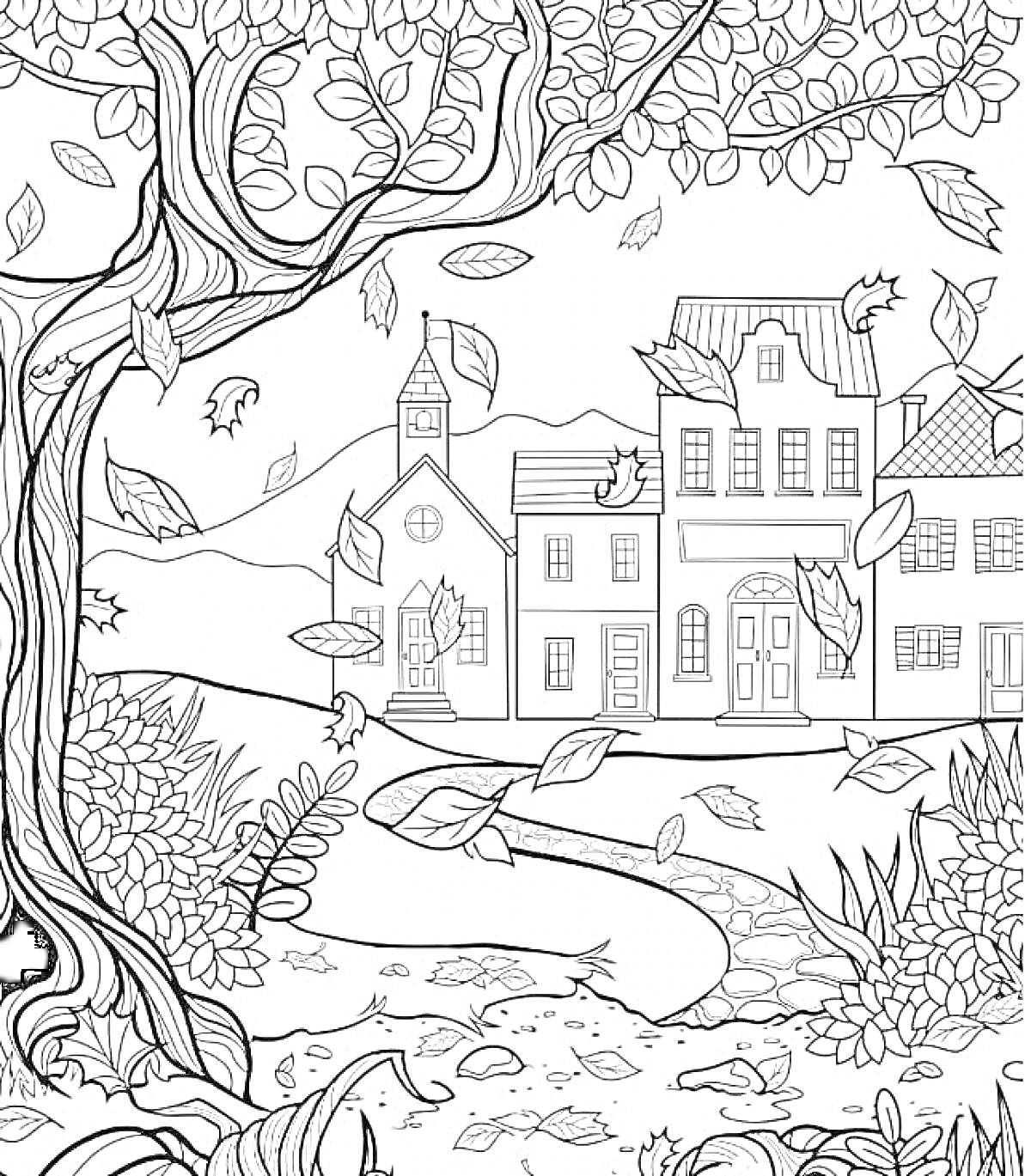 Раскраска Осенний пейзаж с деревьями, листьями, домами, горной цепью и дорогой