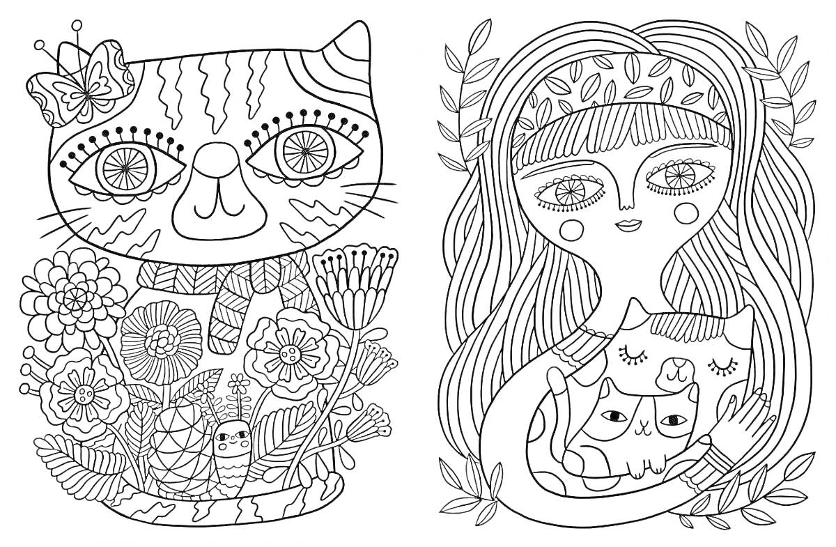 Раскраска Кот с цветами, девушка с котами