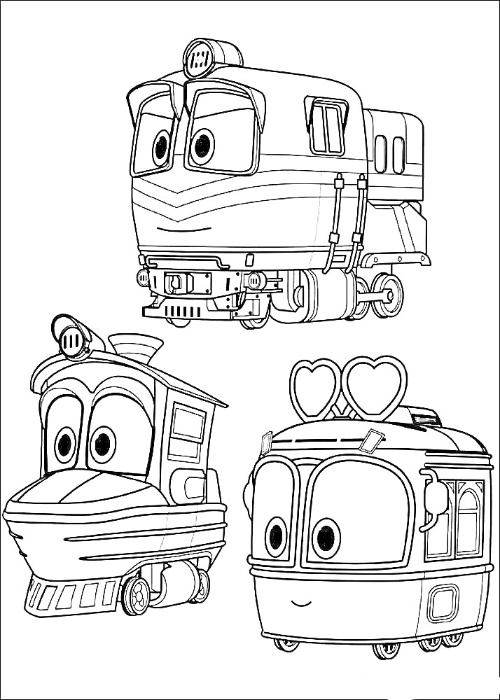 Раскраска Три робота-поезда с большими глазами; верхний робот-поезд с прожектором, нижний левый — похож на пароход, нижний правый — с сердечками на крыше