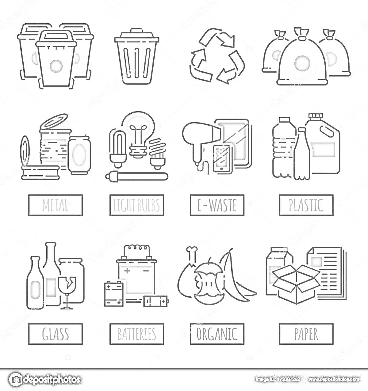 На раскраске изображено: Переработка, Сортировка мусора, Символ переработки, Лампочки, Пластик, Батарейки, Бумага
