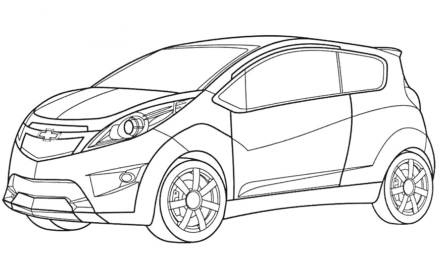 Чертеж автомобиля Шевроле с четкими линиями и деталями. На изображении виден кузов автомобиля, колеса, фары, окна и эмблема Шевроле.
