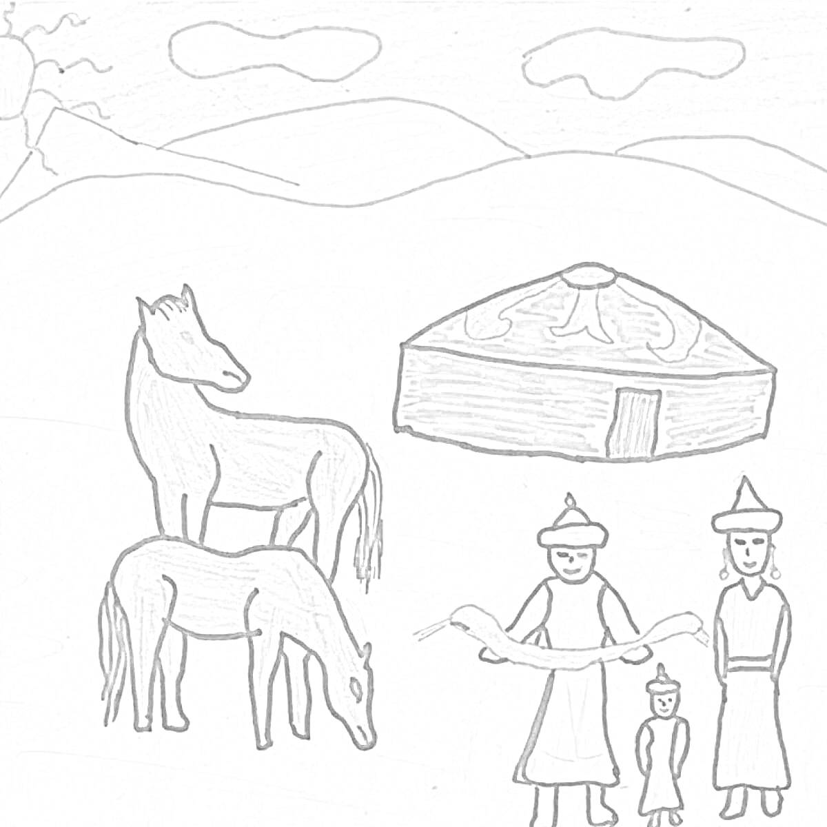 Раскраска Люди в национальных костюмах с детьми и лошадьми на фоне юрты и природы