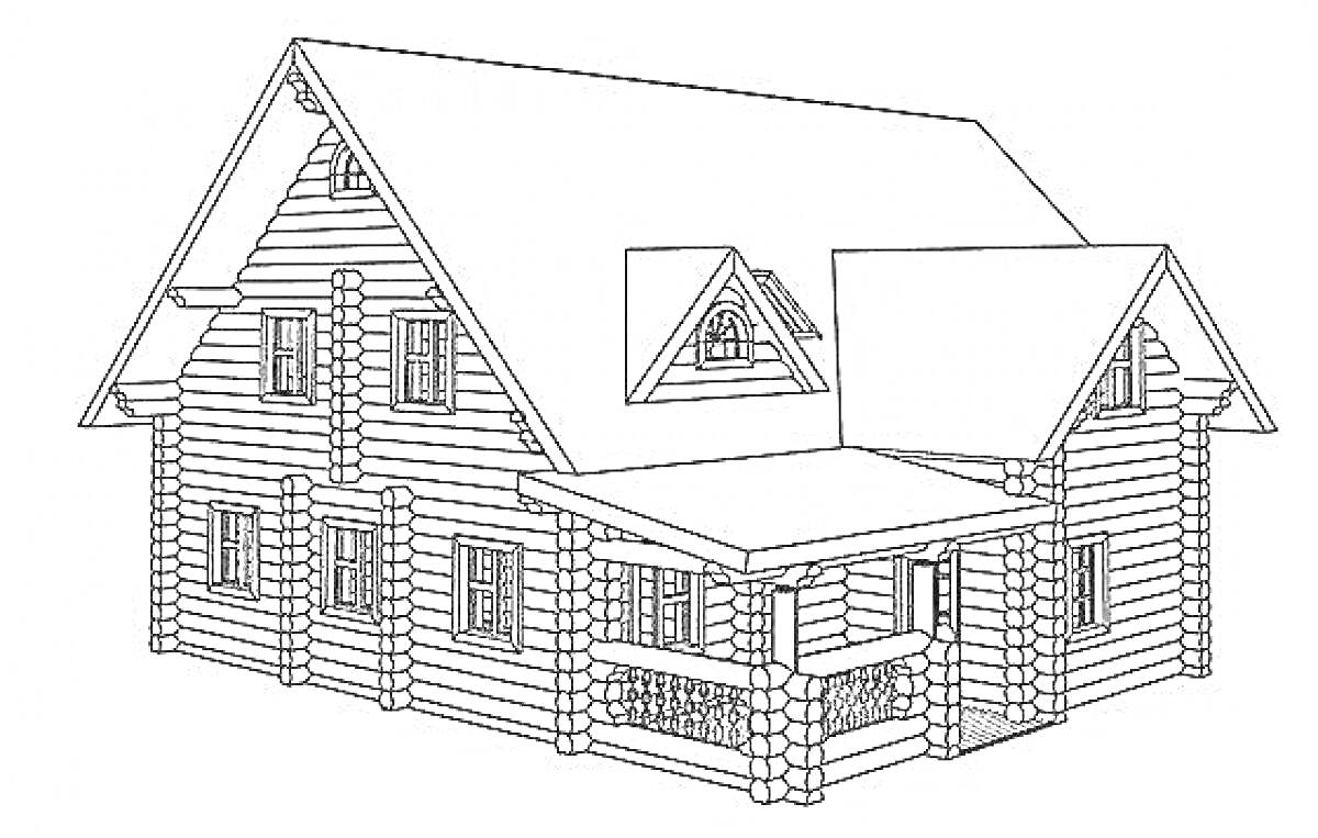 Раскраска Деревянный дом с мансардой, чердачными окнами, двускатной крышей и крыльцом