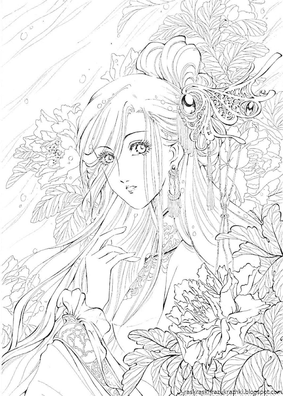 Раскраска Аниме девуша с длинными волосами, веером и цветами пионами на фоне