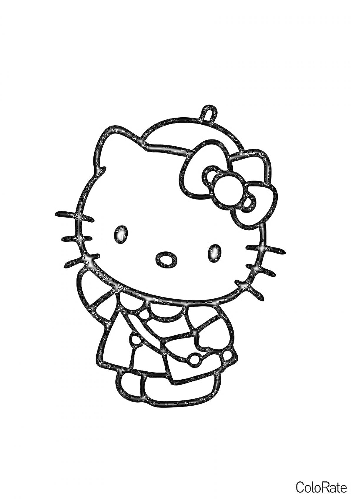 Раскраска Hello Kitty в шляпе и плаще с сумкой через плечо