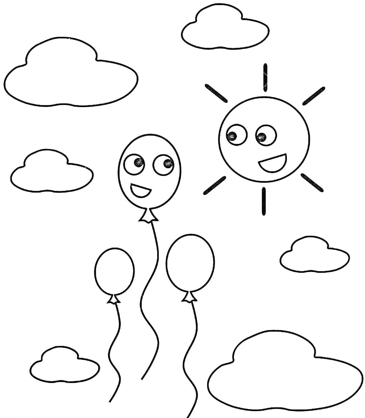 Раскраска Воздушные шарики, облака и солнце с лицом