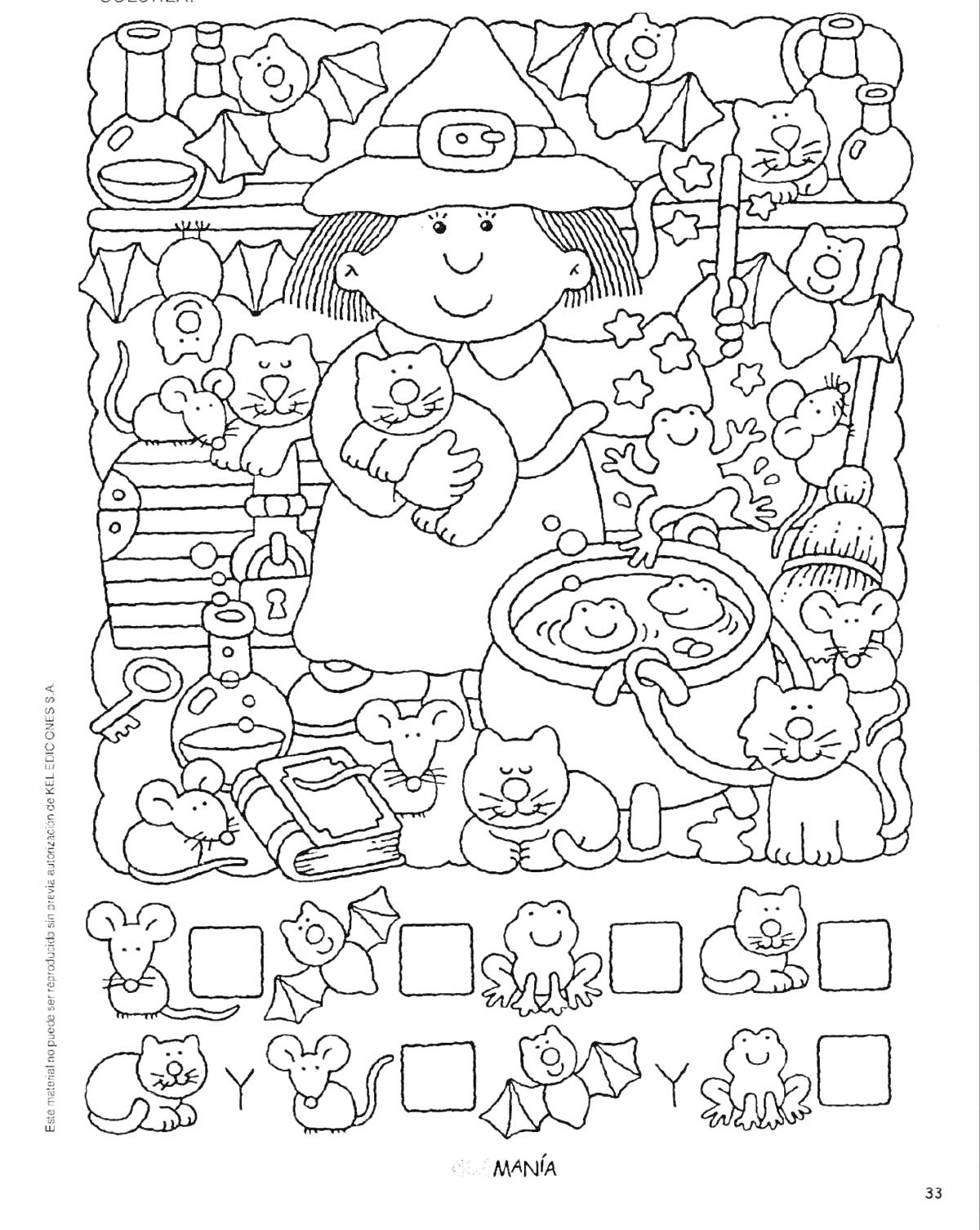 На раскраске изображено: Девочка, Котел, Звезды, Предметы, Метла, Развивающие, Внимательность