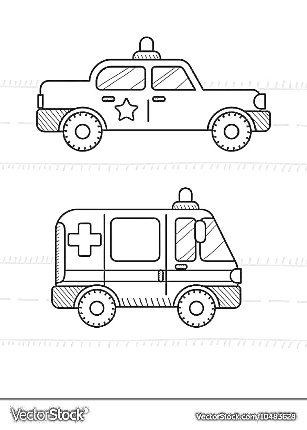 Раскраска Полицейская машина с мигалкой и звездой, Скорая помощь с крестом и мигалкой