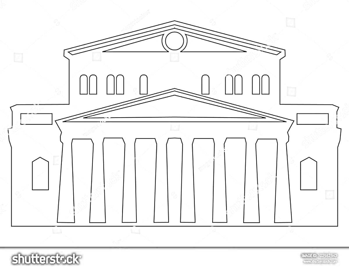 Раскраска Большой театр с колоннами и геометрическими элементами