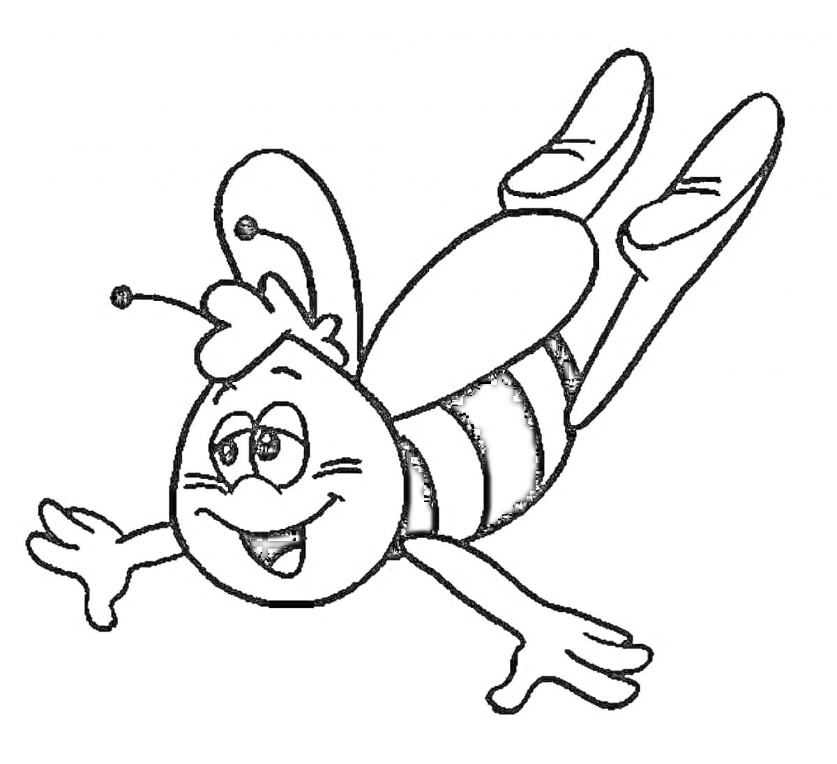 Раскраска Летающая пчелка с улыбкой и крыльями