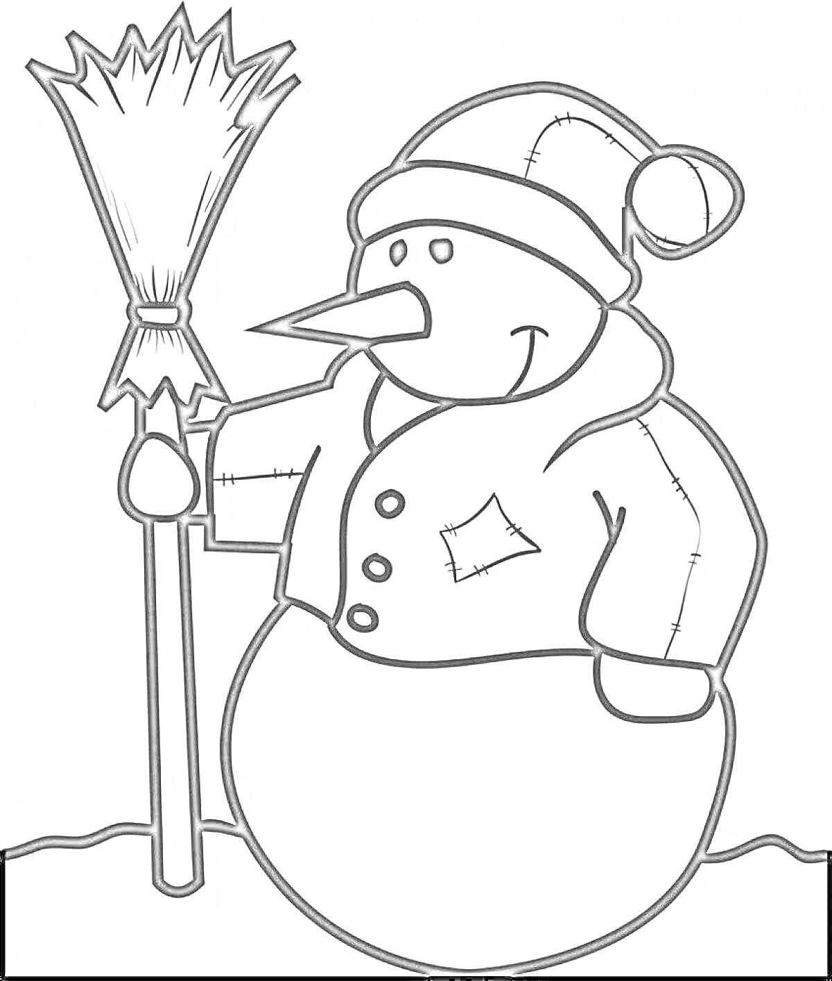 Раскраска Снеговик в шапке с метлой в руке на фоне снега