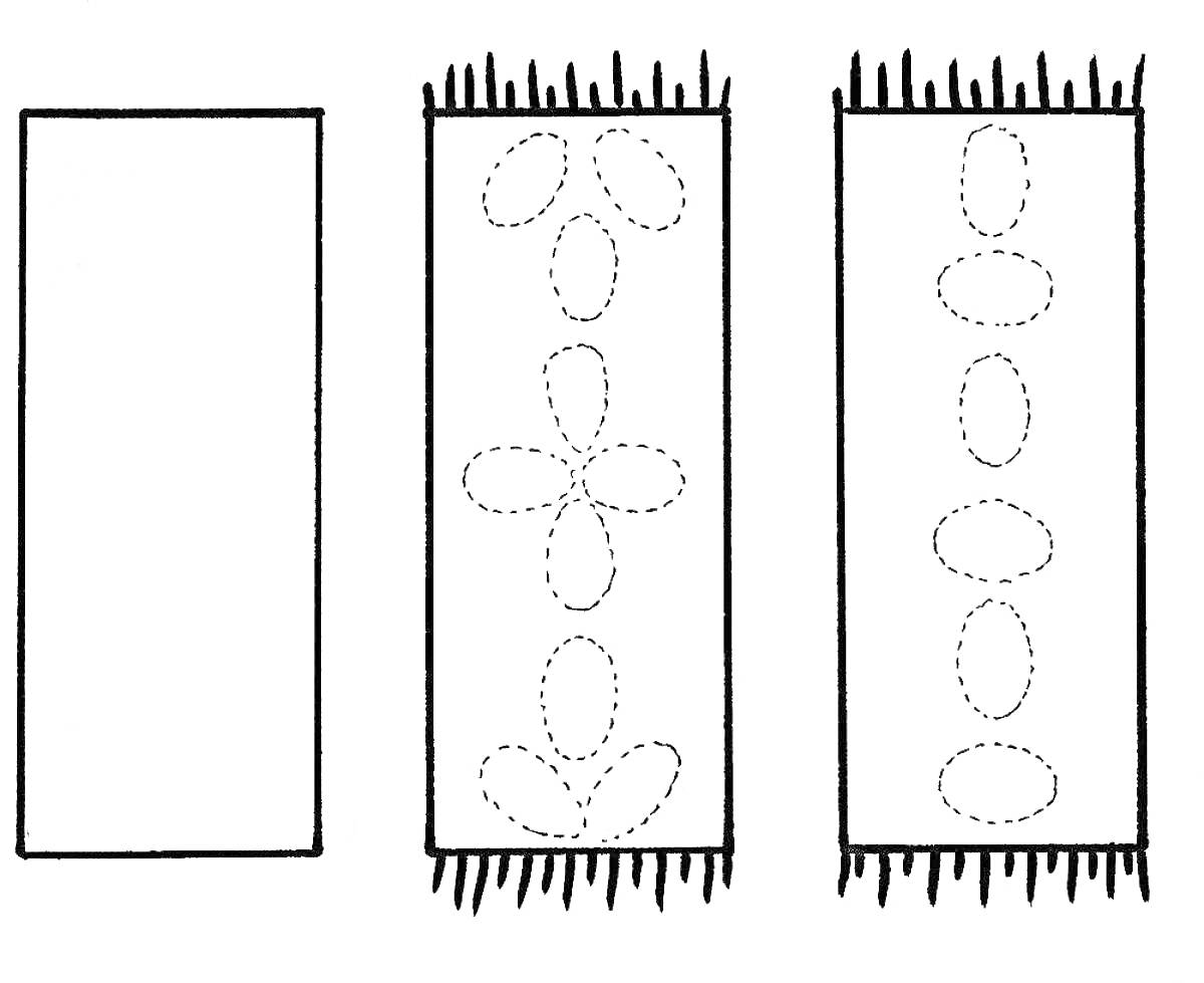 Полотенца с узорами: одно пустое, одно с цветочным орнаментом, одно с овальными узорами