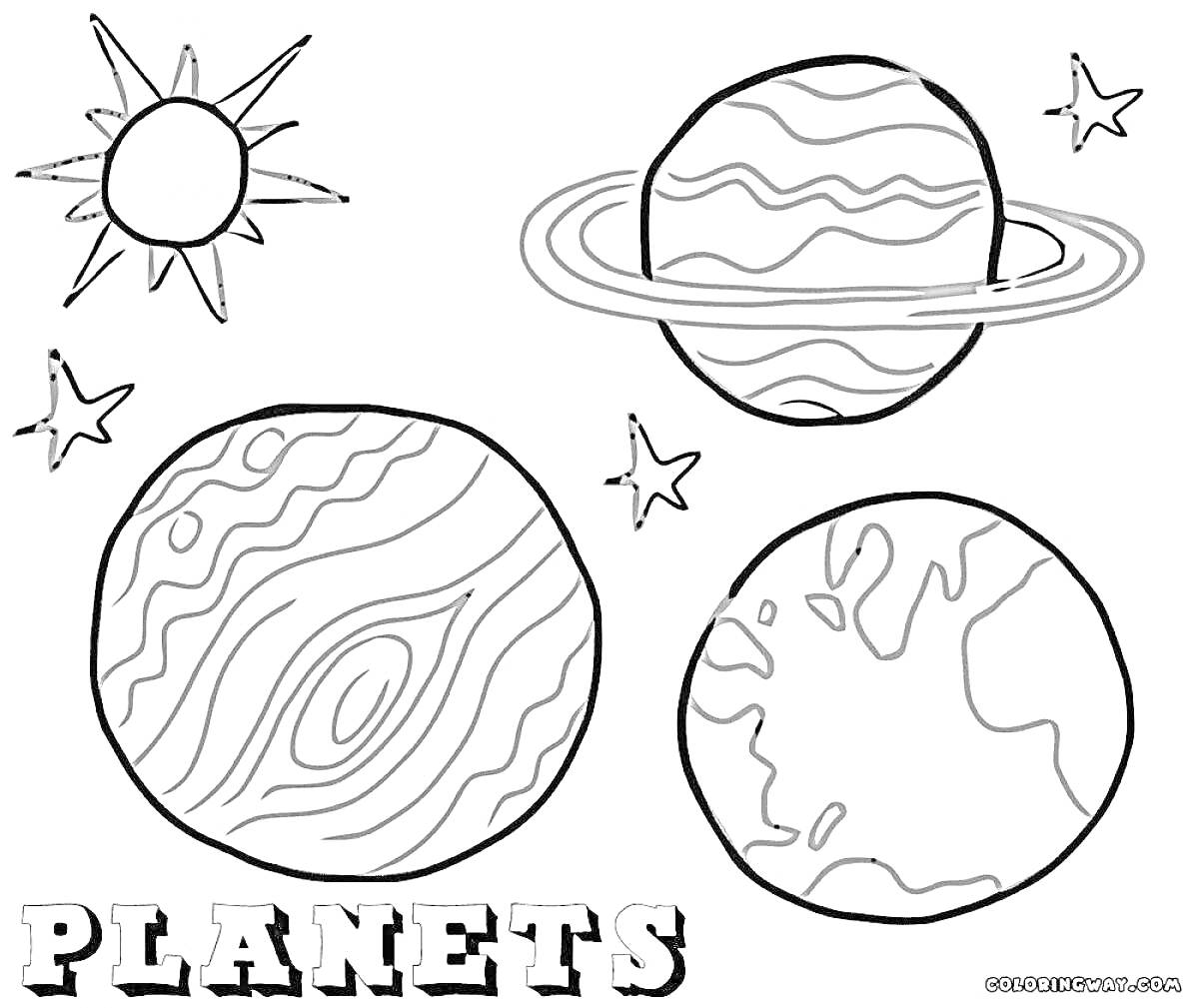 На раскраске изображено: Солнечная система, Планеты, Солнце, Космос, Звезды, Надпись, Астрономия, Учебные материалы, Для детей