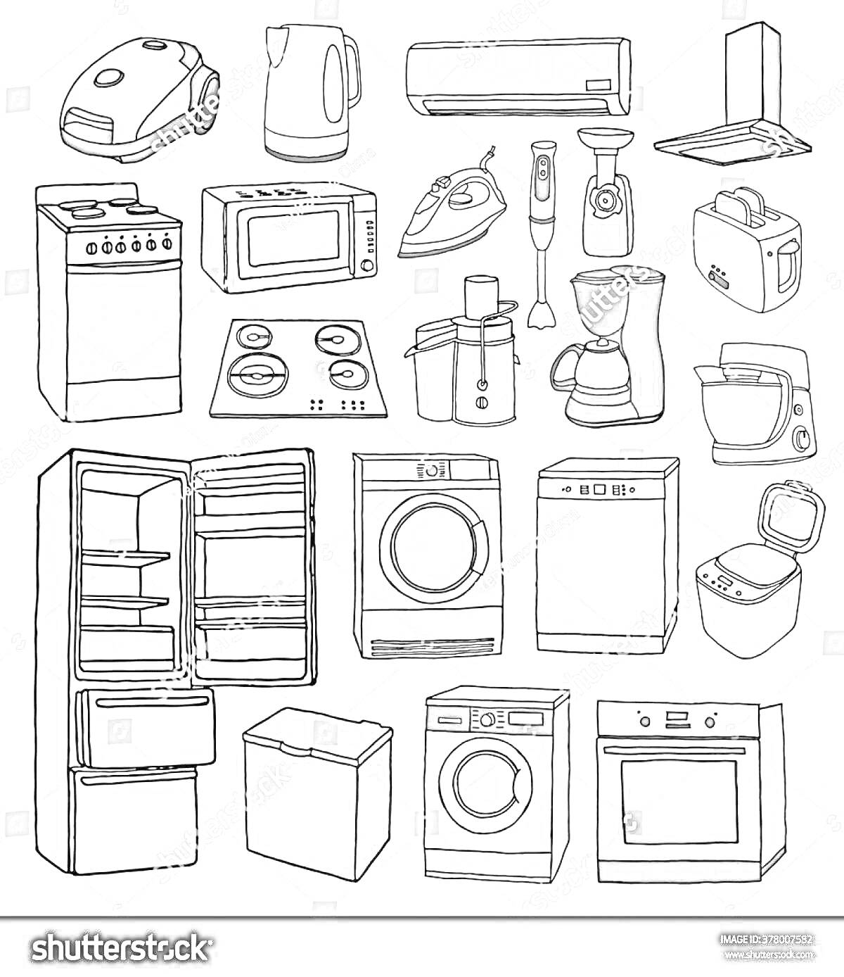 На раскраске изображено: Домашняя техника, Бытовые приборы, Холодильник, Плита, Духовка, Посудомоечная машина, Стиральная машина, Сушильная машина, Микроволновая печь, Тостер, Кофеварка, Электрочайник, Утюг, Вентилятор, Блендер, Кухонный комбайн, Пылесос, Кондиционер