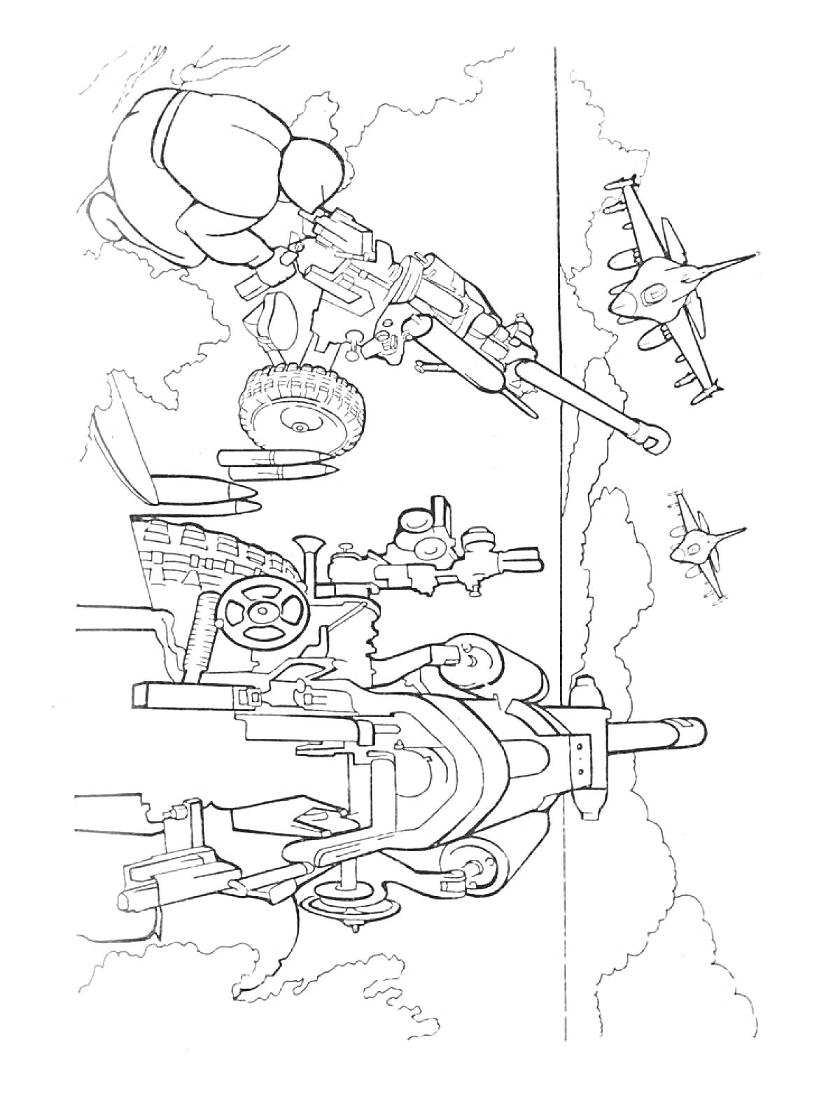 На раскраске изображено: Танк, Парашютист, Военная техника, Небо, Облака, Оружие, Бронированная машина, Самолеты