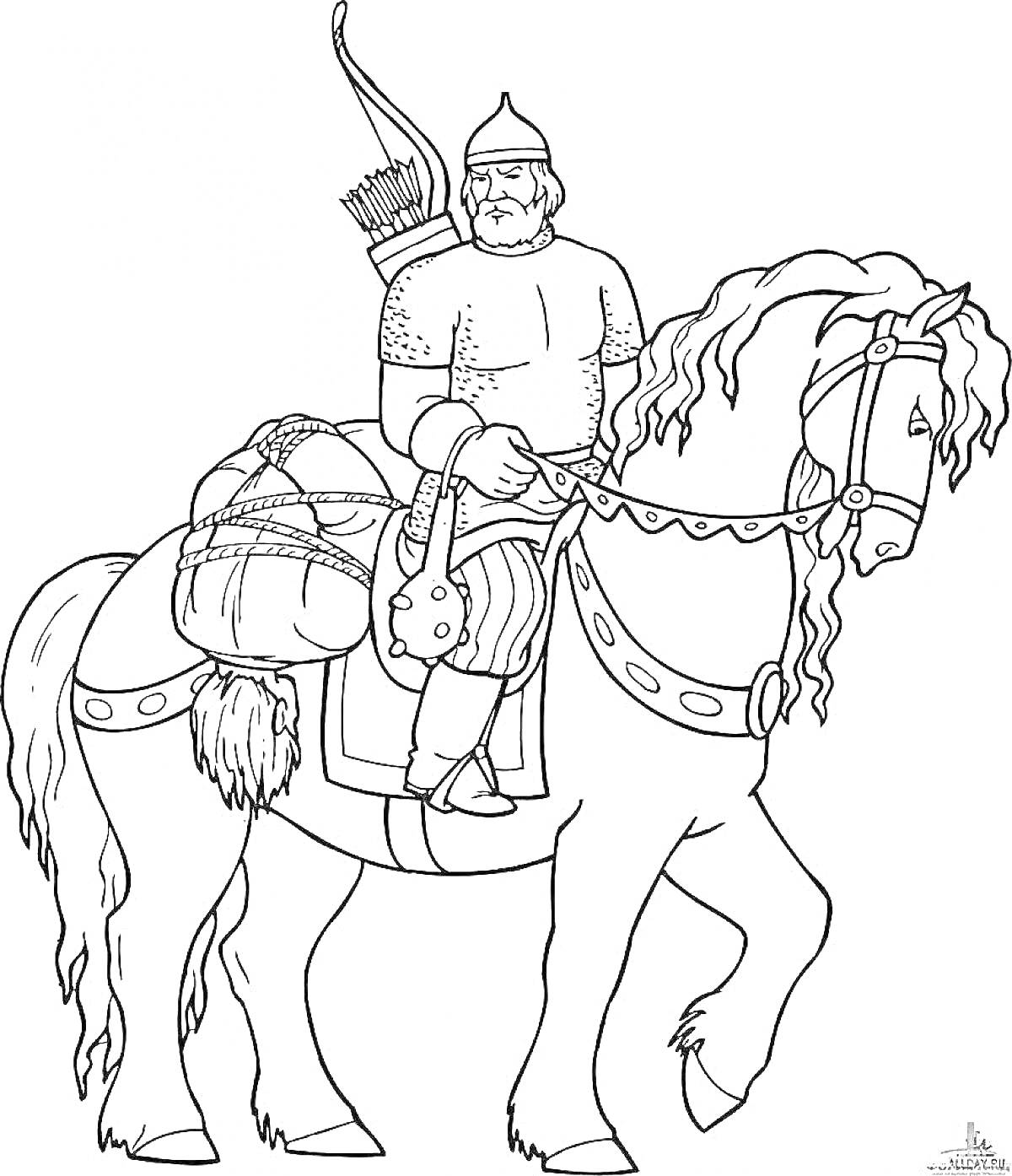 Раскраска Илья Муромец на коне с луком, колчаном со стрелами и щитом