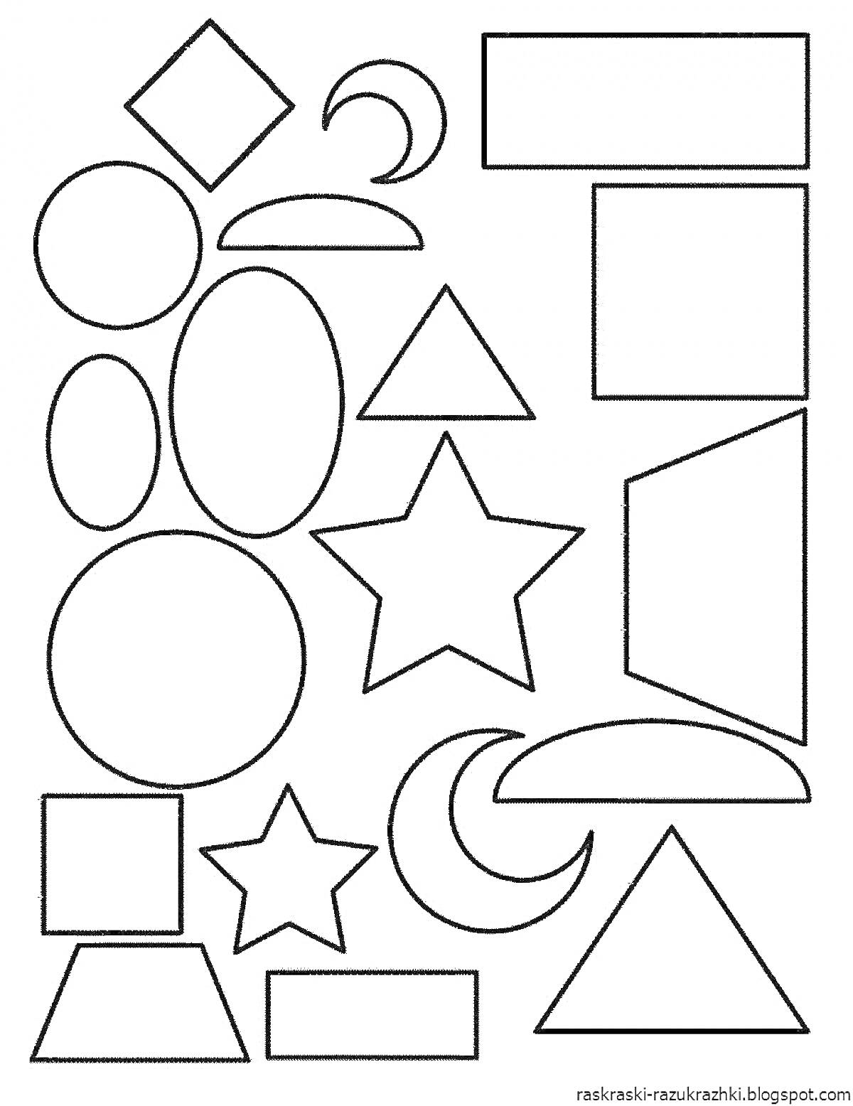 На раскраске изображено: Геометрические фигуры, Квадраты, Прямоугольники, Круги, Треугольники, Звезды, Полумесяцы