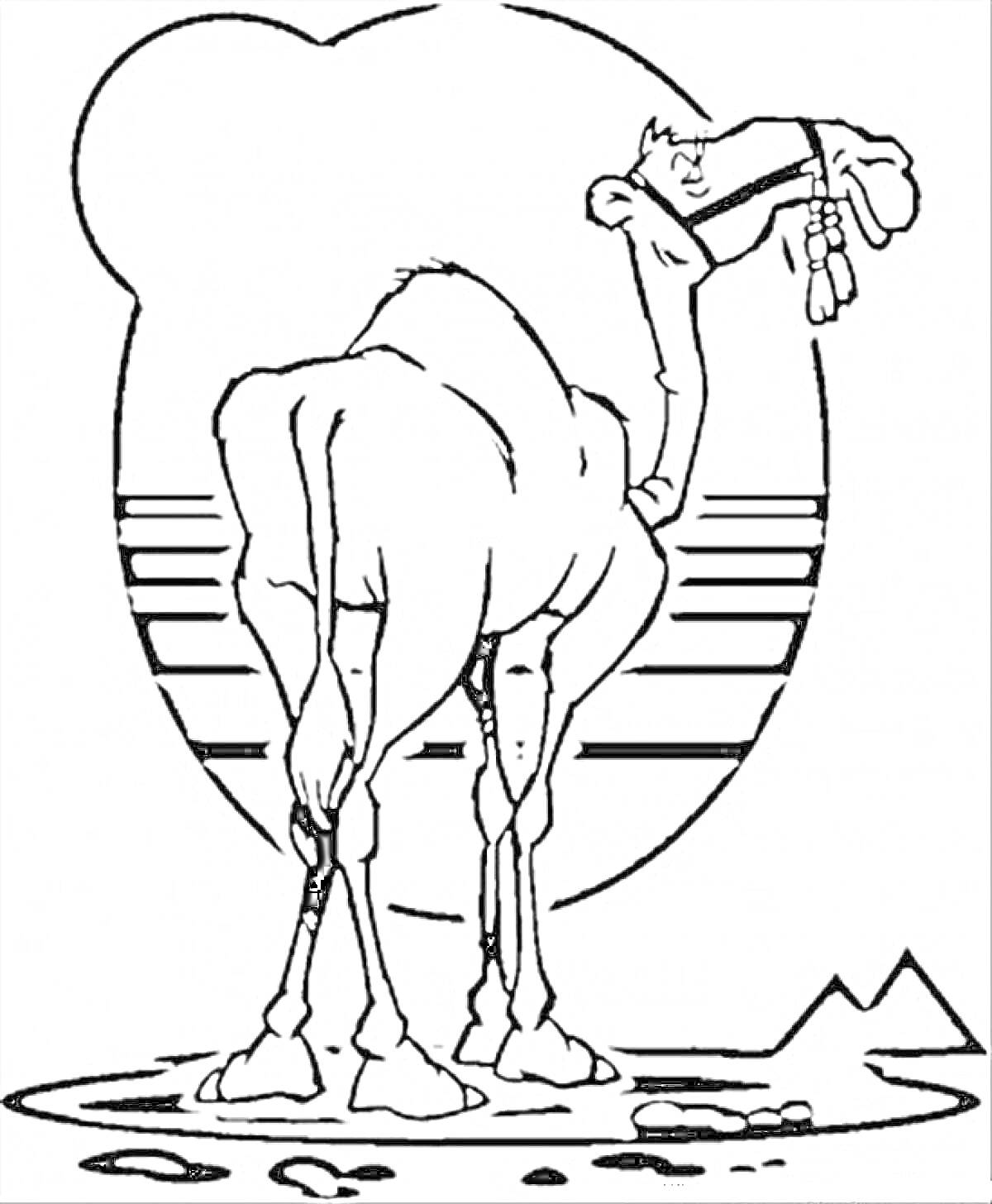 Раскраска Верблюд с седлом и пальмой на песчаной равнине перед горами