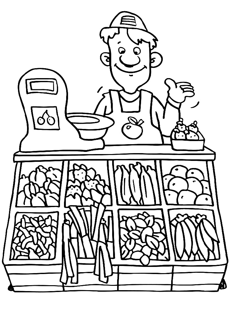 Раскраска Продавец за прилавком с овощами и фруктами