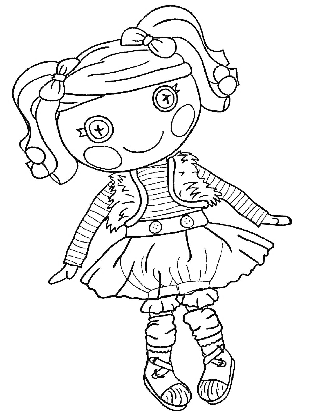 Кукла с пуговицами вместо глаз в полосатой кофте, жилетке и платье, с двумя хвостиками и бантиками