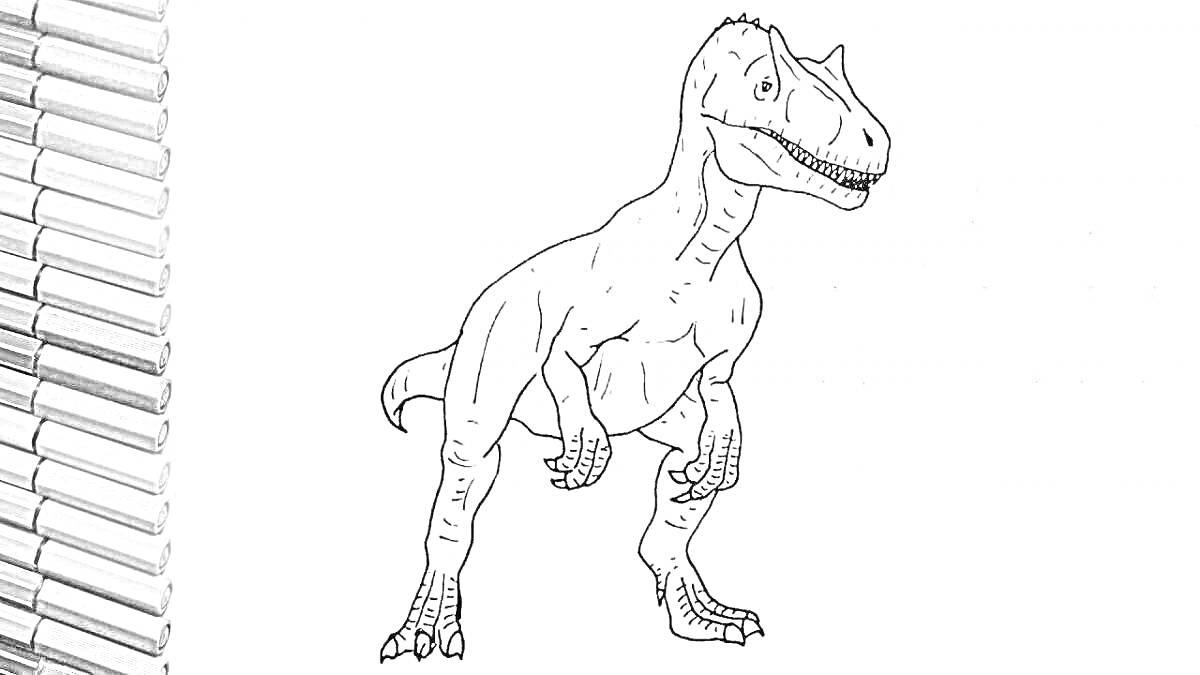 Раскраска Аллозавр рядом с наборами карандашей