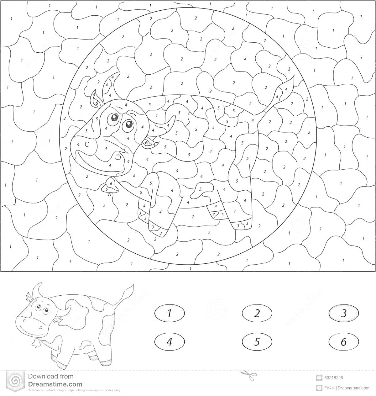 На раскраске изображено: Корова, Домашние животные, По номерам, Творчество, Ферма