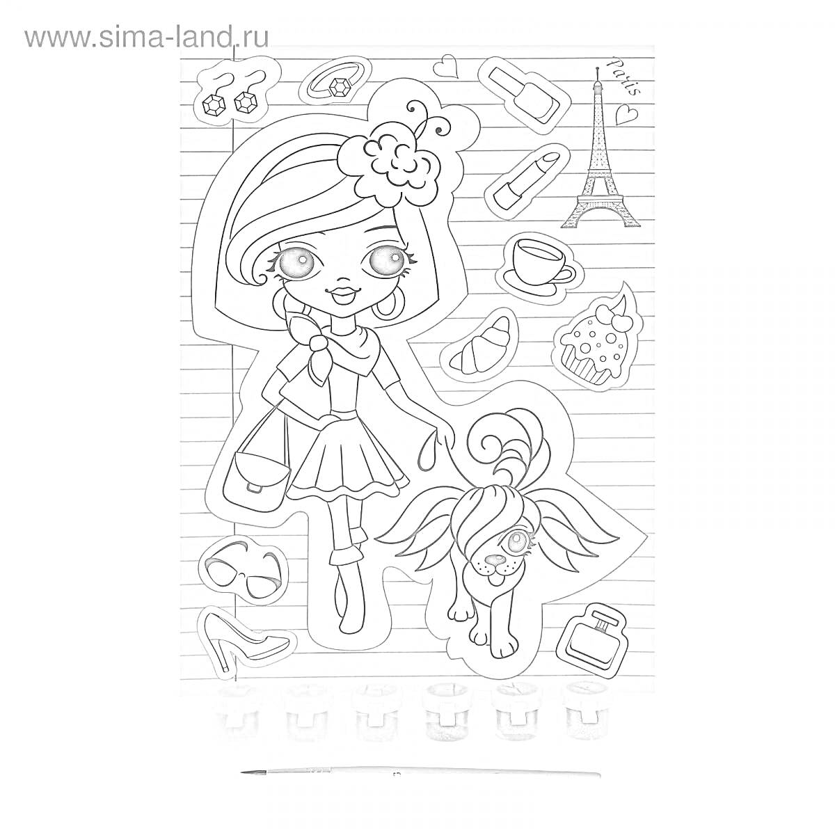 Раскраска Девочка с собачкой и различными аксессуарами, Эйфелева башня, кекс, очки, туфли, сумочка