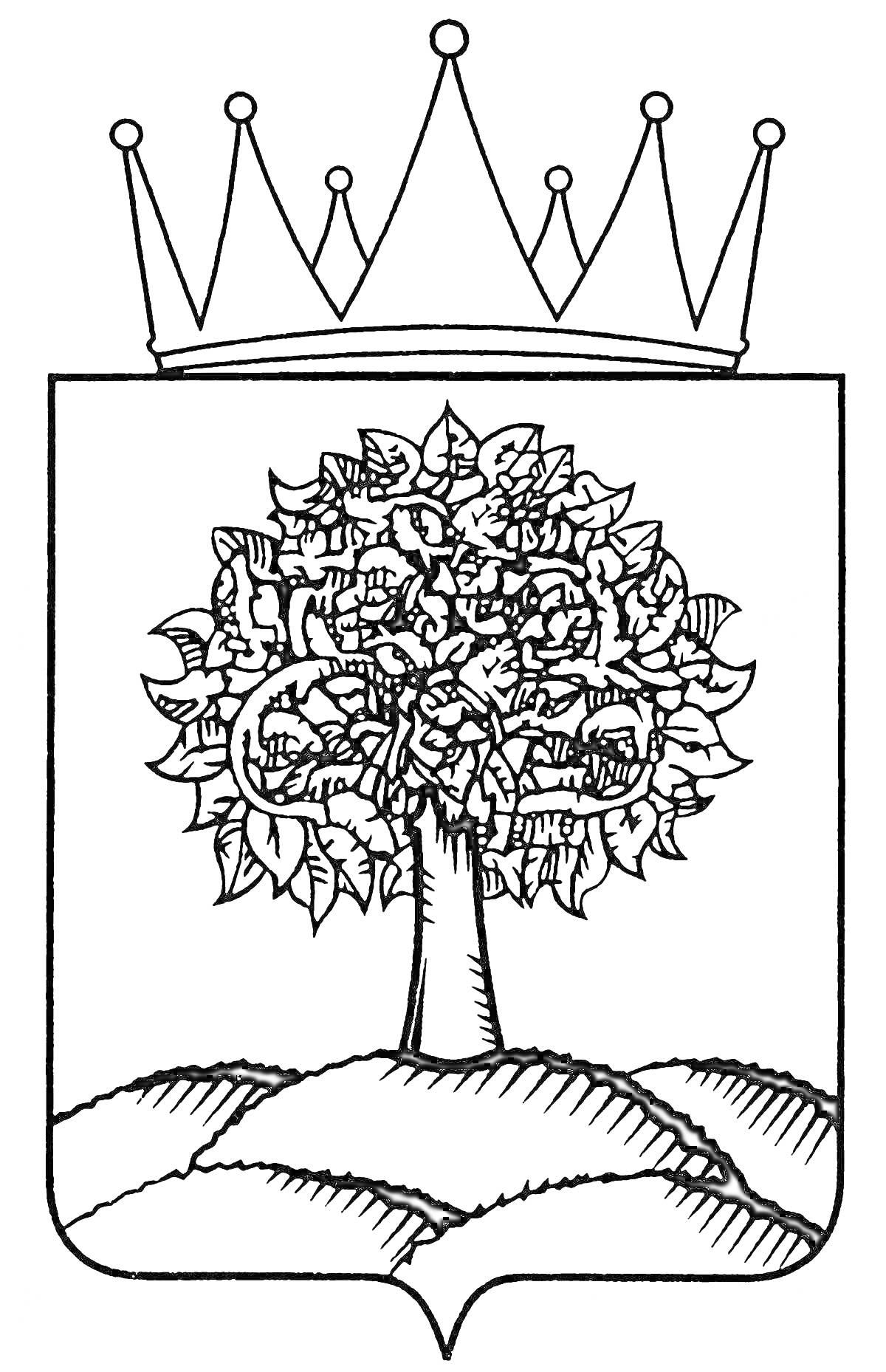 Раскраска Герб Липецка с короной, выгравированное дерево с кроной, состоящей из листьев и завитков, расположенное на фоне холмов
