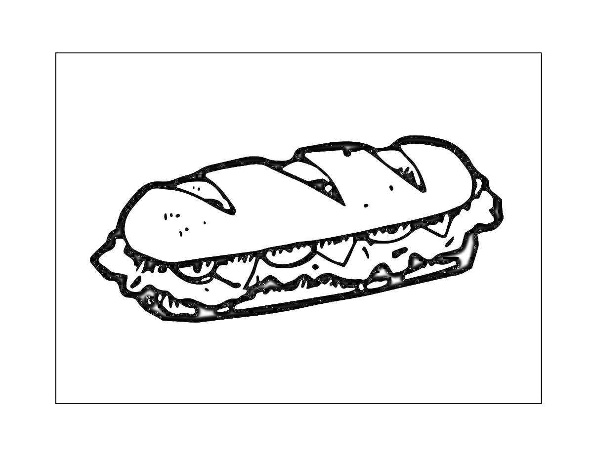 На раскраске изображено: Сэндвич, Еда, Хлеб, Салат, Огурец, Бутерброд