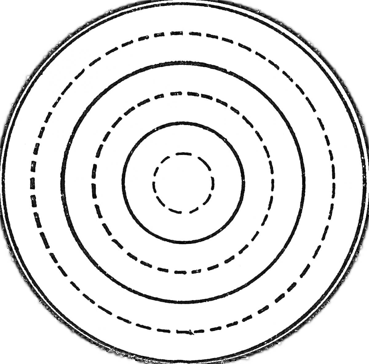 Раскраска Круговая мишень с разнотипными окружностями (сплошные и точечные линии)